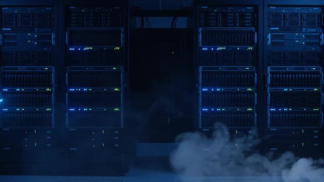 Modern server room dark hallway with smoke fog on floor and glowing cyan sine wave data pulse passing across server racks