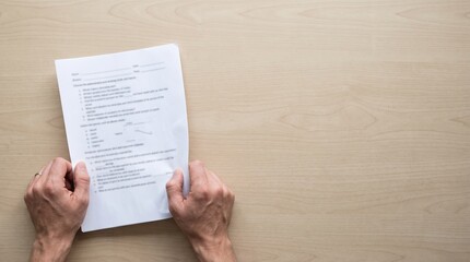 Obraz premium 難しい課題プリントを両手で持ち勉強に苦戦する大人