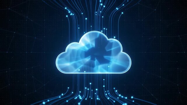 Glowing translucent cloud computing icon with fiber optic digital data lines and light streams connecting into cloud structure