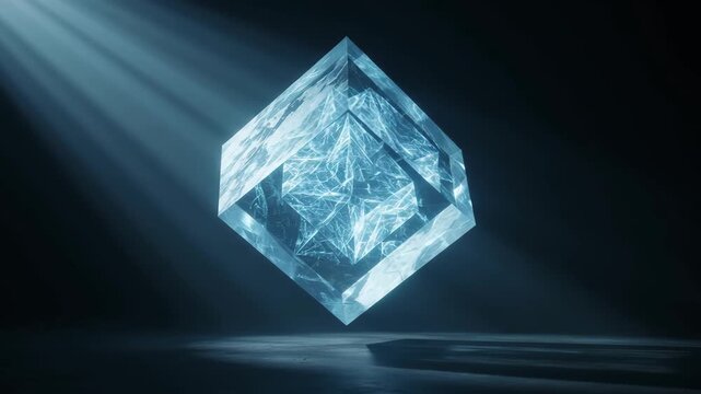 3D animation of a glowing crystal cube rotating under spotlight beam in dark room. Concept for quantum computing, core technology, energy block, and futuristic storage.