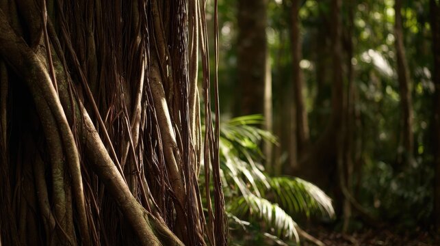 Twisted dark brown lianas draped artistically between ancient trees in a lush jungle