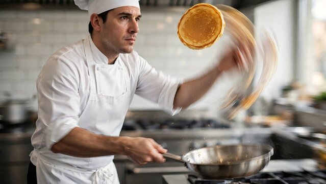 Caucasian male chef in white uniform flipping a pancake with a frying pan in a professional kitchen, featuring dynamic motion blur on the arm showcasing culinary expertise and focused cooking action