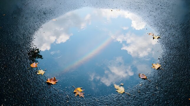 Rainwater puddle on wet asphalt road reflecting a colorful rainbow, blue sky, and white clouds, surrounded by fallen yellow autumn leaves.