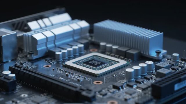 computer motherboard with processor chip and silver heatsinks. Concept for hardware technology, computing power, and engineering.