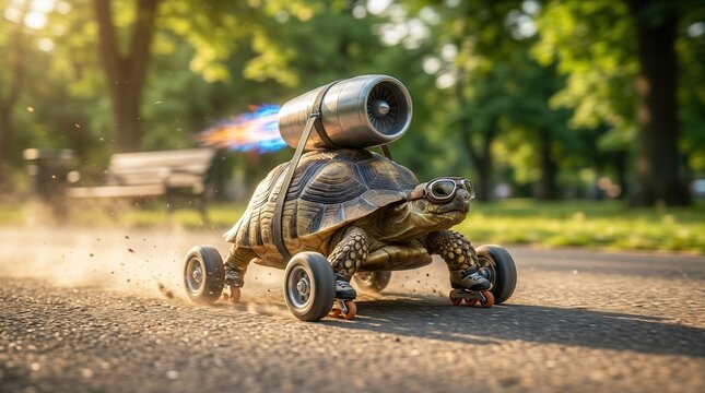 A fast turtle wearing roller skates and a jet engine racing down a sunny park path for business investment boost concept.