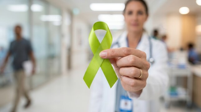 A doctor holding a lime green awareness ribbon for mental health illness and lymphoma cancer.