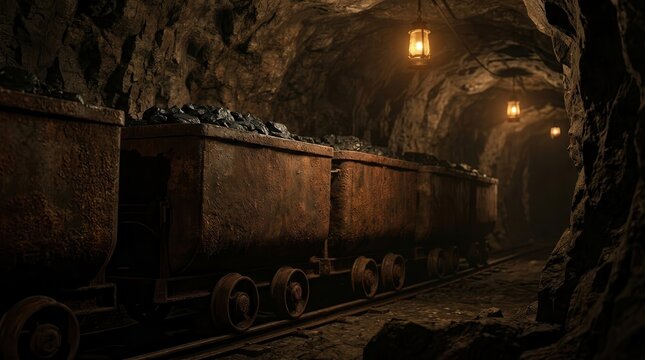 Abandoned mine cars filled with coal in a dimly lit tunnel.