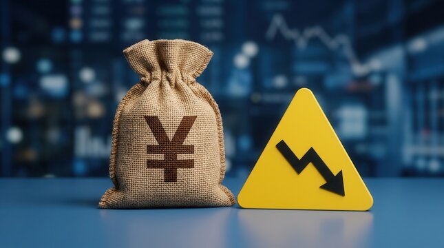 Yen or Yuan money bag next to a yellow warning sign symbolizing economic decline.
