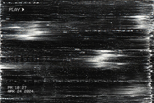 Retro VHS tape glitch static noise texture with play icon and timestamp, black and white analog video tracking distortion screen, vintage VCR error overlay effect for video editing