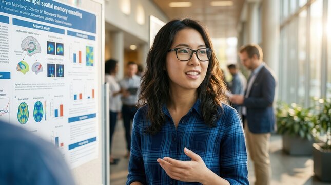 A neuroscience PhD candidate presenting hippocampal place cell research at a university poster session.