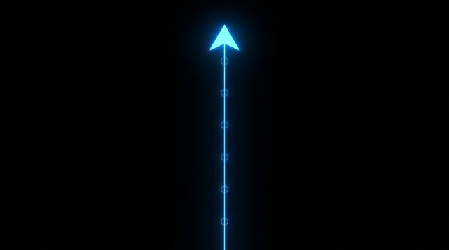 A vertical neon blue arrow with connecting dots ascends on a dark background with a grid.