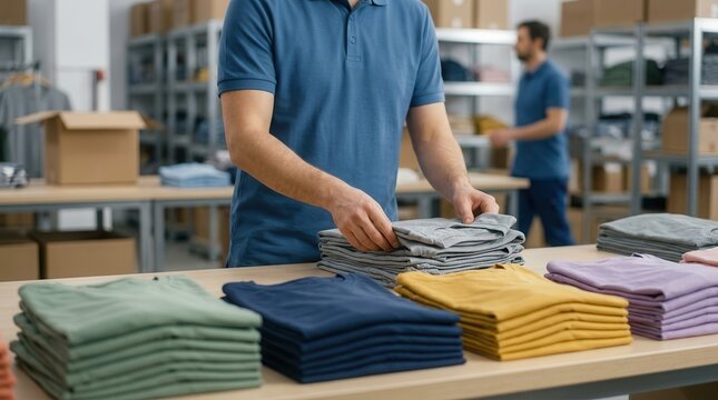 Worker folding neatly stacked piles of colorful shirts on a work table in a clothing preparation area.
