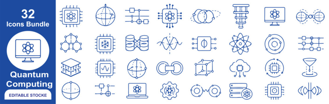 32 Quantum Computing Vector Outline Icons Set &ndash; Quantum Technology, Qubit, Artificial Intelligence, Computer Science and Digital Innovation Line Symbols Collection