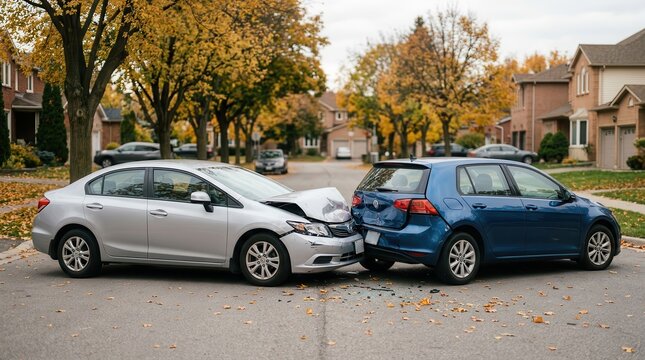 Two cars involved in a rear end traffic collision on a residential street.