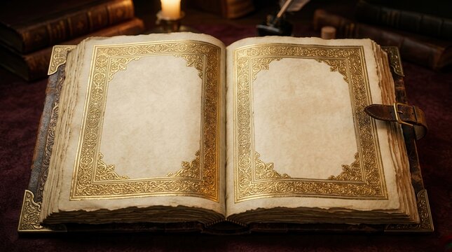 Open antique book with empty pages and a gold ornate frame border.