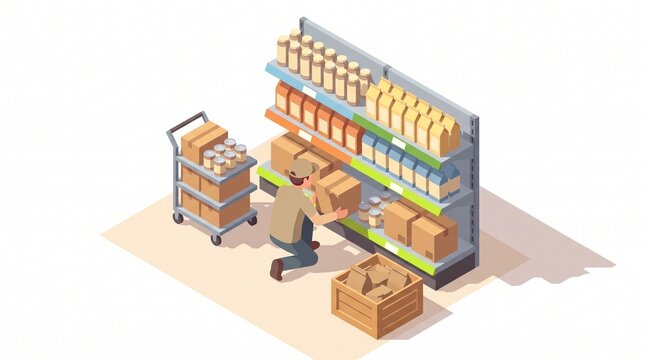 Isometric grocery shelf restocking with a stock trolley and crates