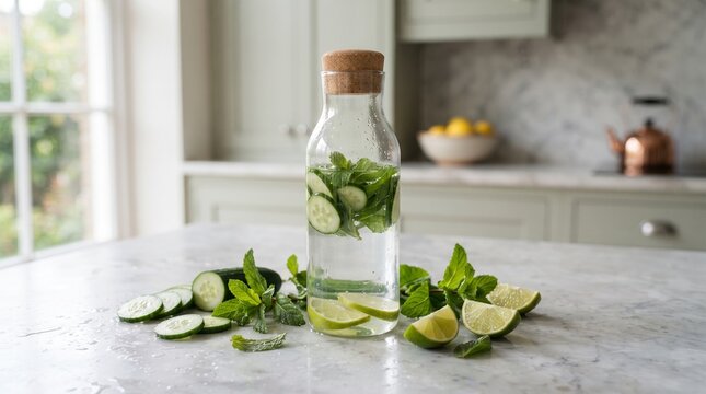 Fresh Infused Drinking Water with Cucumber, Lime and Mint, refreshing hydration arrangement on a modern kitchen counter for wellness and healthy lifestyle concepts.