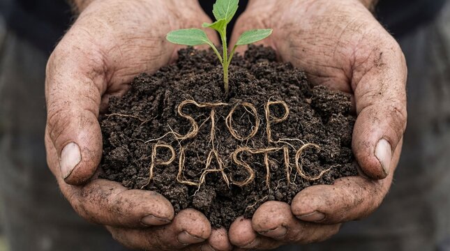 Hands holding soil with a small plant and words STOP PLASTIC formed from twigs