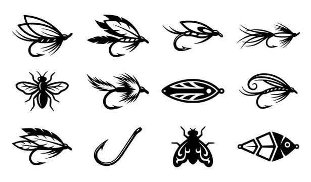 Abstract Fishing Lure Fly Vector Icon Set Featuring Feathered Hooks Streamer Patterns Artificial Bait Angling Tackle Sport Fishing Symbols