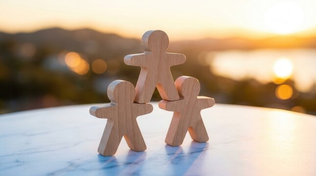 Wooden human figures stacked in a pyramid against a sunset background representing teamwork and cooperation.