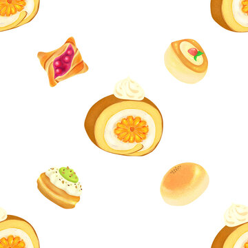 Seamless bakery pattern with sweet pastries cake rolls transparent background