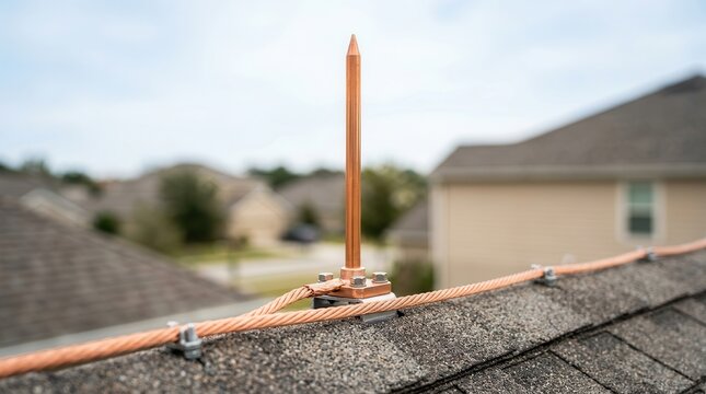 Copper lightning rod installed on a residential roof for electrical storm protection.