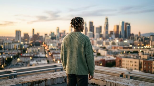 Young man with short locs wearing an oversized sweater on a rooftop overlooking the urban skyline.