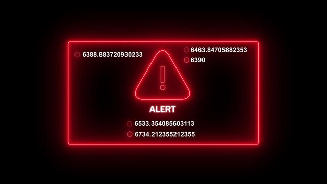 Neon red digital alert warning sign with rapidly changing data streams and system error notification interface for cybersecurity, network monitoring, and high-tech software development projects
