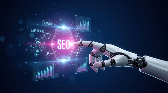 Robotic hand interacting with a digital interface for SEO, data mining, and marketing planning.