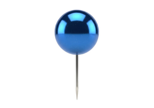 extreme macro view of an azure blue, spherical drawing pin, highly reflective plastic head and sharp steel needle angled 45 degrees, transparent background. essential precision product concept