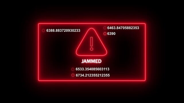 Glowing red neon warning sign displaying jammed system status with rapidly changing digital data streams and technical error notification overlay for cybersecurity, industrial failure, and software