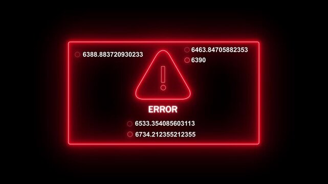Glowing red neon digital error warning sign with rapidly changing numerical data streams and system failure alert symbol on a dark background, for cybersecurity, software, development, and tech issues