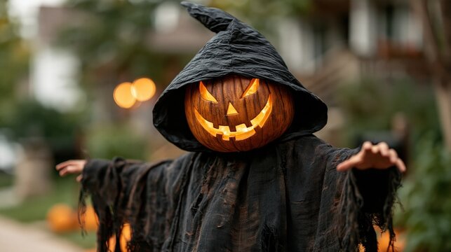 Spooky figure wearing a glowing jack o lantern mask and torn black cloak