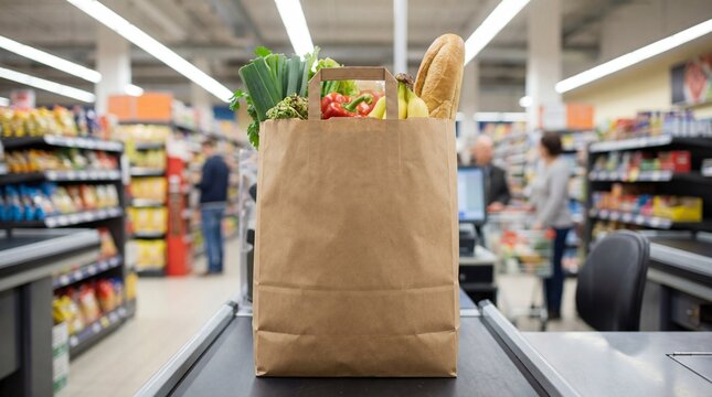 A full paper grocery bag packed with fresh food stands on a conveyor belt in a brightly lit supermarket aisle, with blurred shoppers in the background