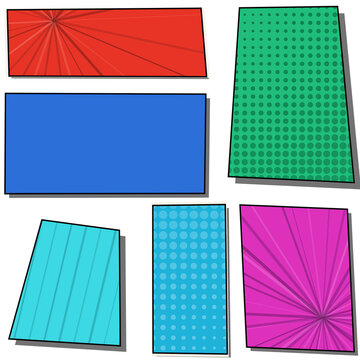 Set of colorful comic book style speech bubble frames with halftone patterns and radial sunburst lines for graphic design and creative text layouts