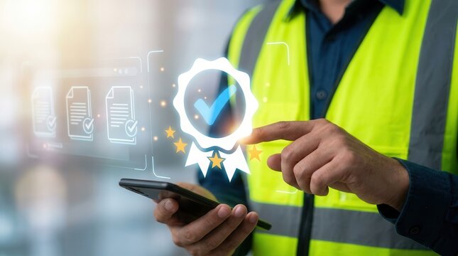 Construction worker selecting certified digital documents for compliance inspection.