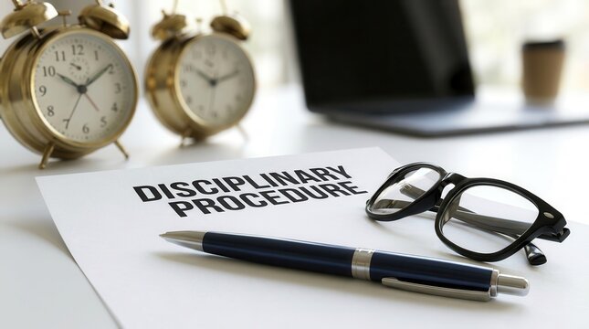 Printed document with disciplinary procedure heading on a bright desk with a pen, glasses, and clock.