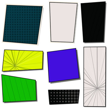 Collection of colorful comic book style speech bubble frames and panels with halftone dots and radial sunburst patterns for graphic design and storytelling layouts
