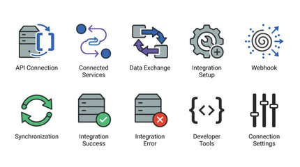 Fototapeta premium API Connection and Data Exchange Icons, Webhook, Synchronization, Server Integration Vector Set. IT Terminology for Developers. Software Development and System Config Symbols.