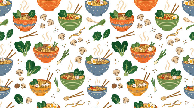 Colorful Ramen Bowls Pattern - Asian Noodle Soup Illustration