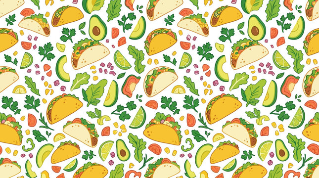 Colorful Taco and Avocado Pattern - Mexican Food Illustration