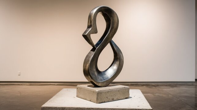 Brushed Metal Abstract Sculpture With Smooth Curves On Stone Pedestal In Gallery