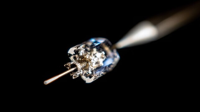 Extreme Close-Up of Miniature Silver-Plated Component Undergoing Microscopic Assembly