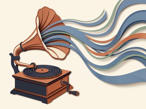 Papercut layered silhouette of a vintage vinyl phonograph player with floating abstract soundwaves, flat vector illustration.