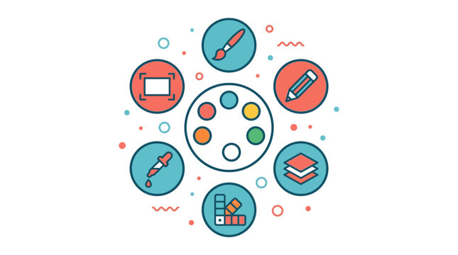 Color palette surrounded by creative design software and digital art tools illustrating creative workflow concepts.