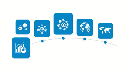 Obraz premium Set of blue rounded icons illustrating technology concepts and global connectivity in an infographic style.