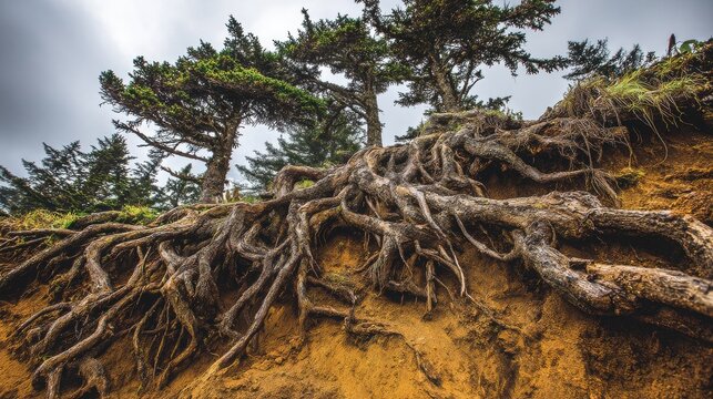 Intricate Network of Exposed Tree Roots Gripping the Earth on a Rocky Hillside