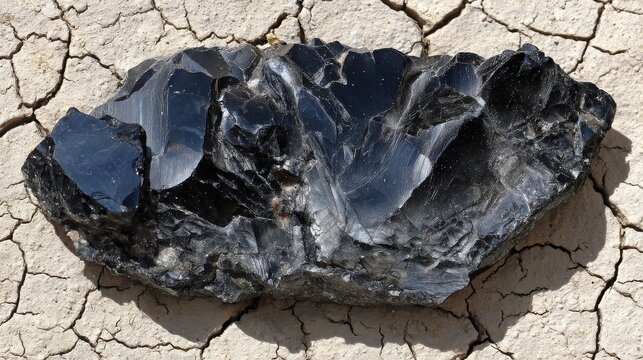Jagged Obsidian Fragment With Sharp Glassy Edges Resting on Cracked Earth Surface