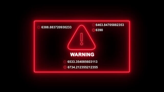 Dynamic red neon warning sign interface with rapidly changing numerical data streams and cyber security alert for high-tech digital hud overlays, futuristic software ui, and system error