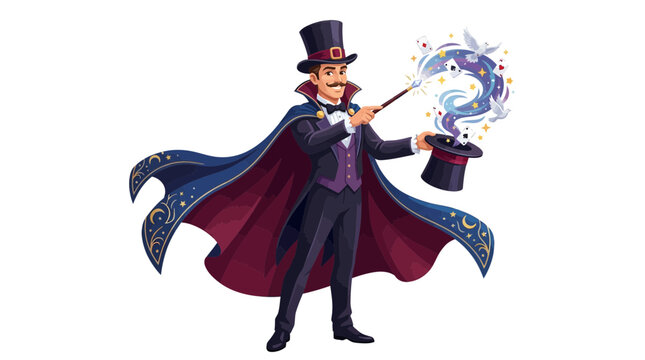 A professional magician performing a magic trick with a top hat and wand.
